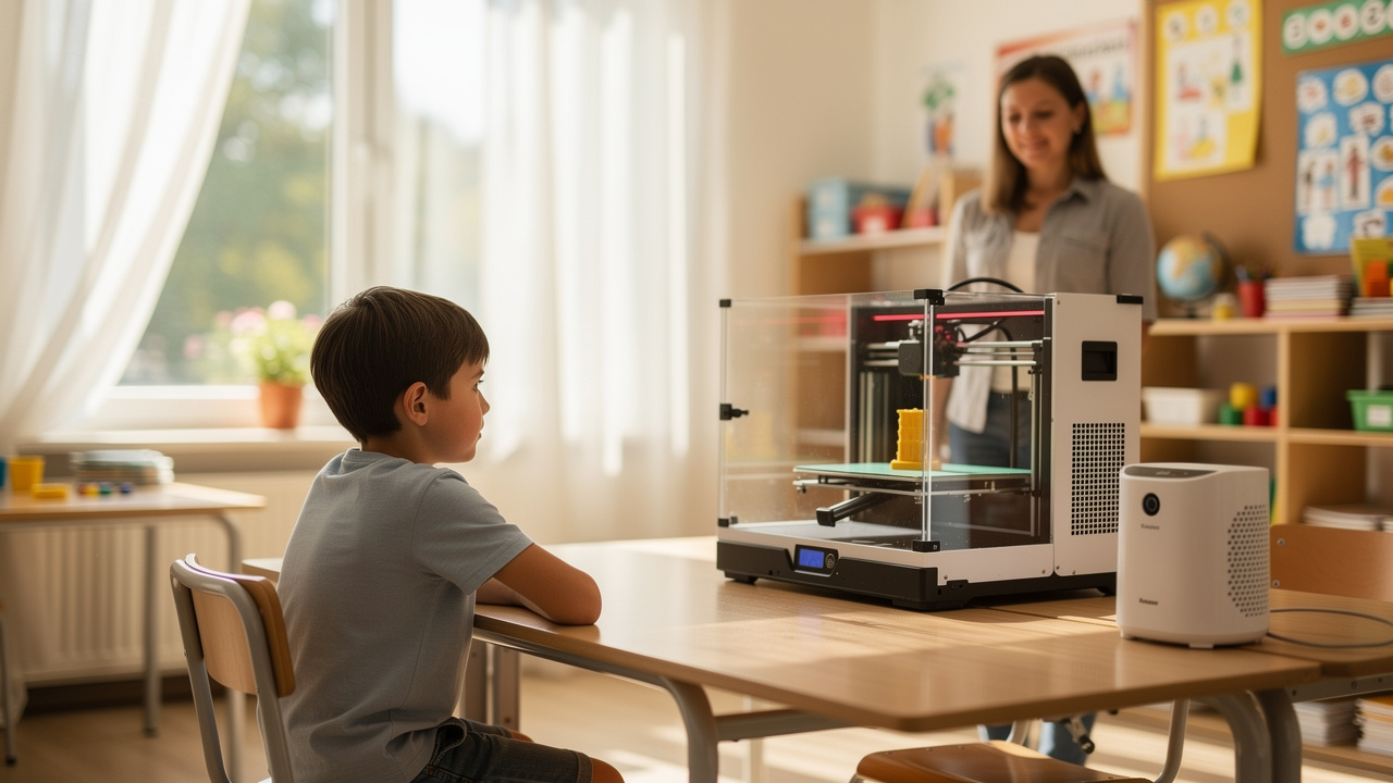 Child observing 3D printer safely near open window