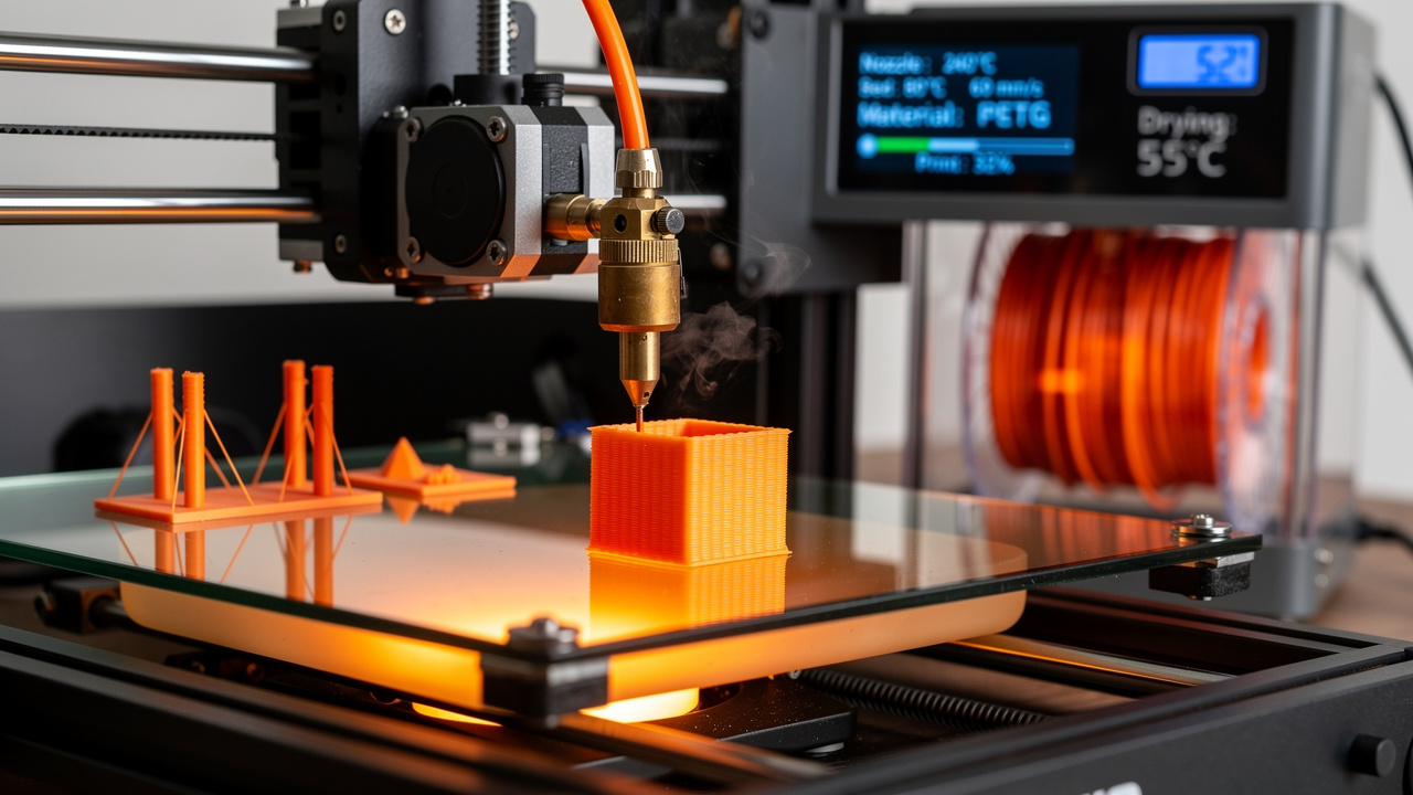 3D printer nozzle extruding heated PETG filament