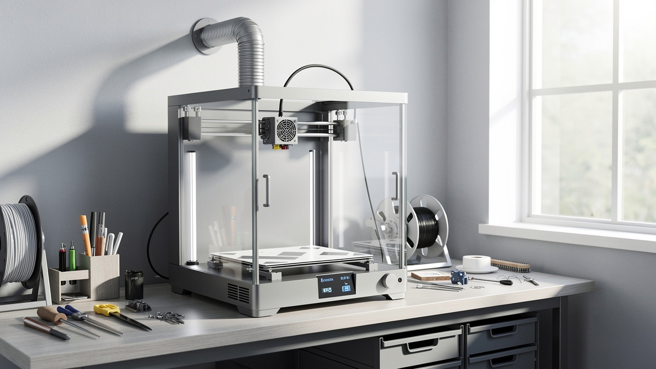 Enclosed desktop 3D printer with active exhaust ventilation system on a workshop workbench, surrounded by tools and filament spools.