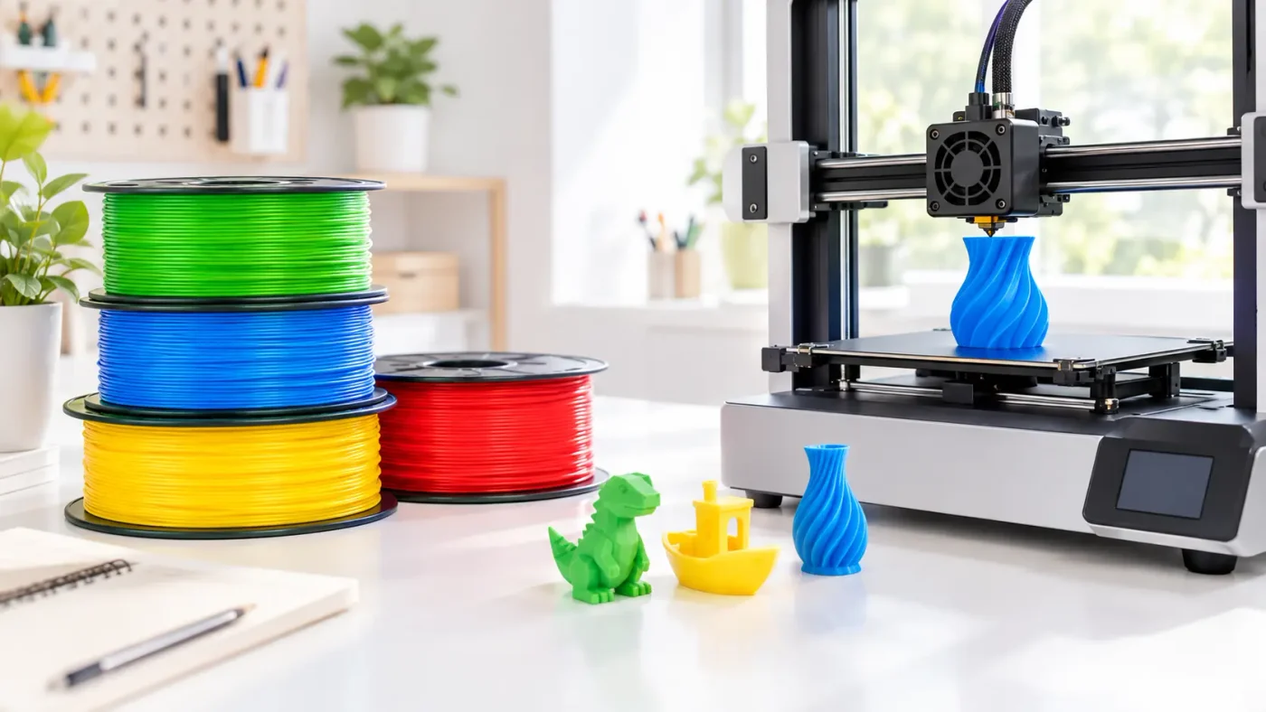Colorful PLA filament spools next to a desktop 3D printer