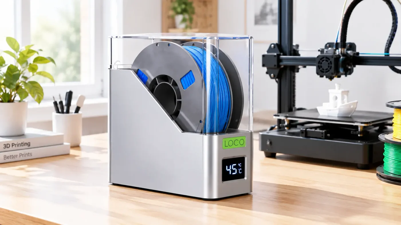 PLA filament guide with a 3D printer and filament dryer