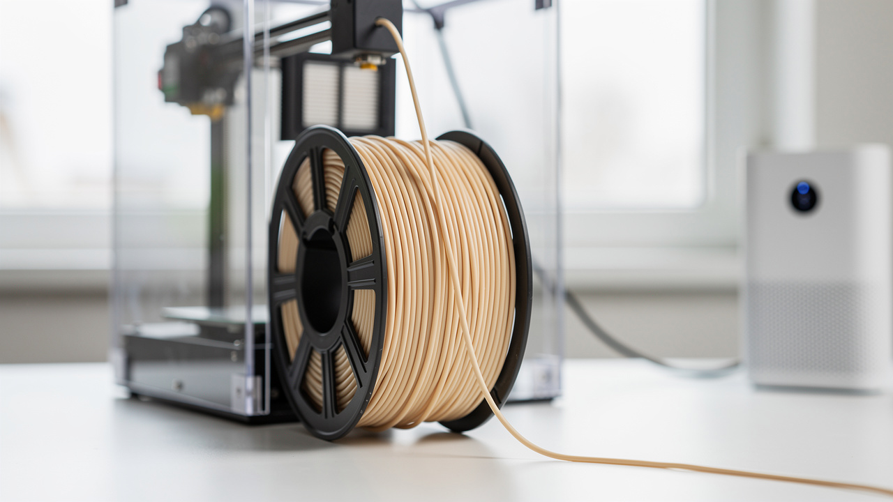 Close-up of PLA filament spool feeding into printer