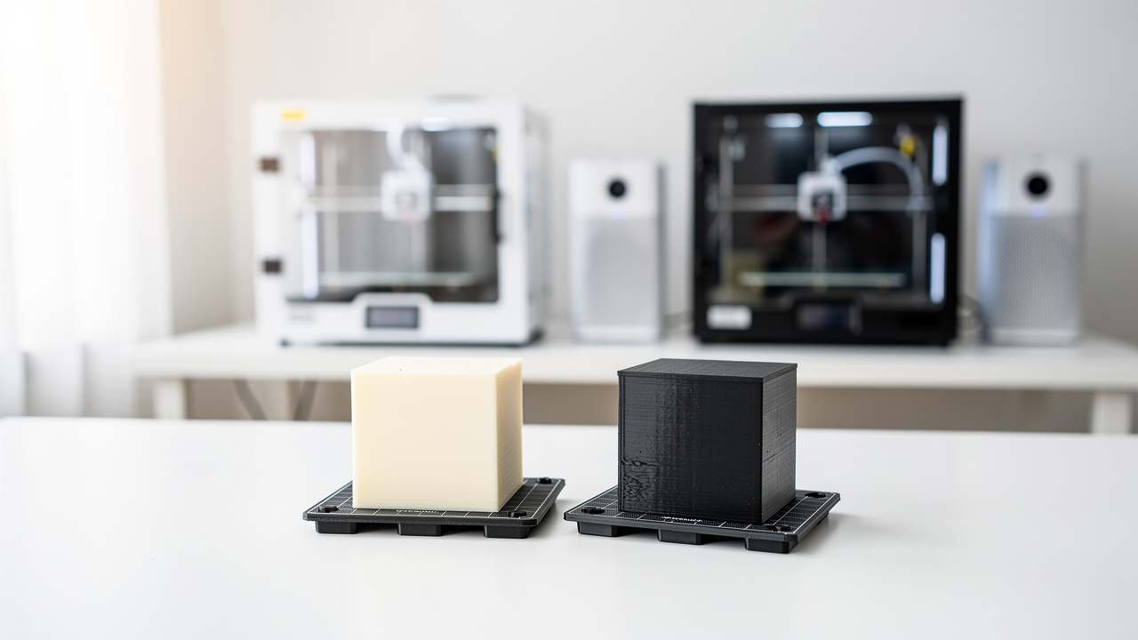 PLA and ABS printed cubes compared side by side
