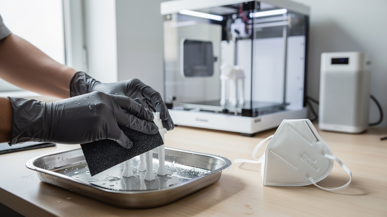 Hands wet-sanding a 3D printed object safely