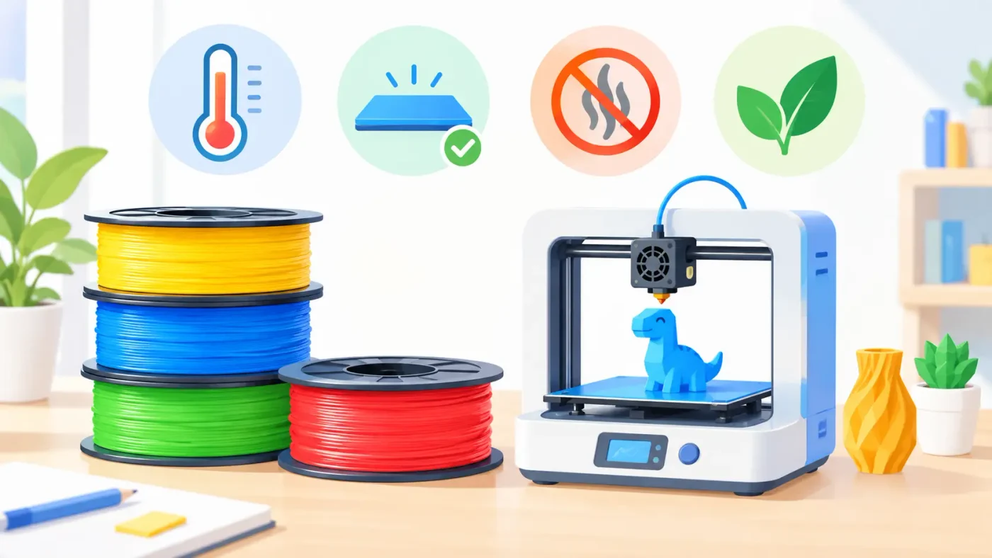Colorful PLA filament spools next to a 3D printer, illustrating why PLA is the most beginner-friendly filament with 4 key advantages